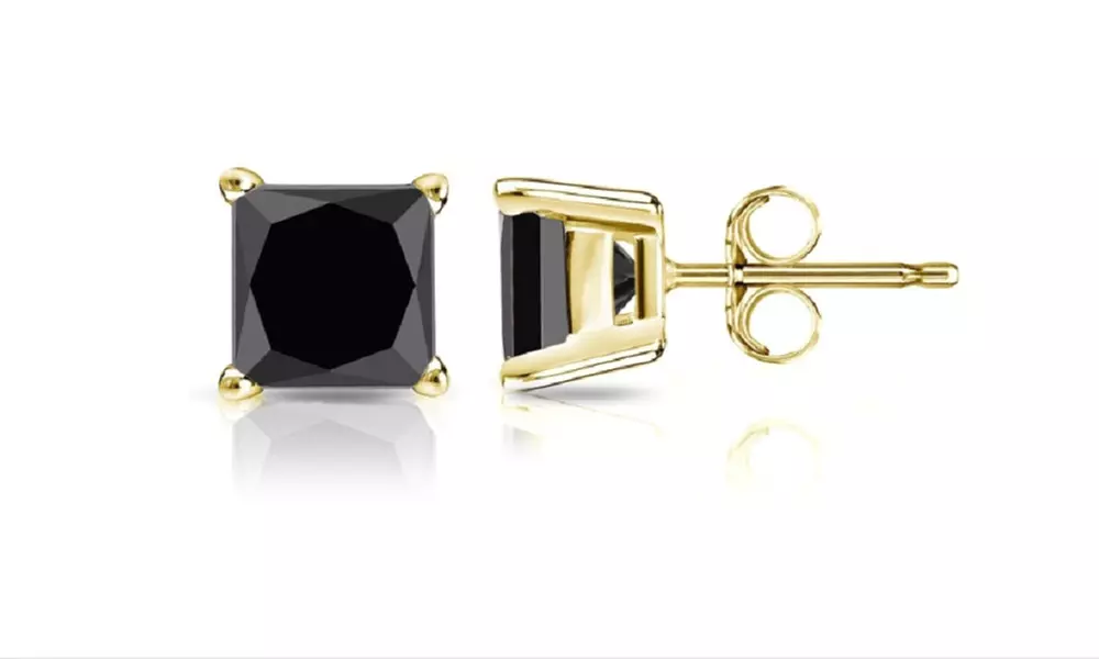 24k Yellow Gold Plated 2 Cttw Black Sapphire Princess Cut Stud Earrings