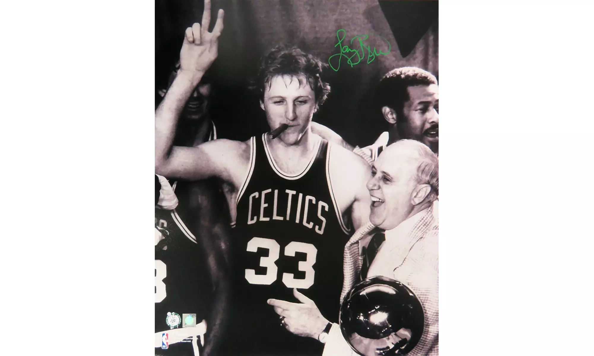 Larry Bird Signed Boston Celtics Cigar Celebration With Auerbach B&W 16x20 Photo - Primary Image