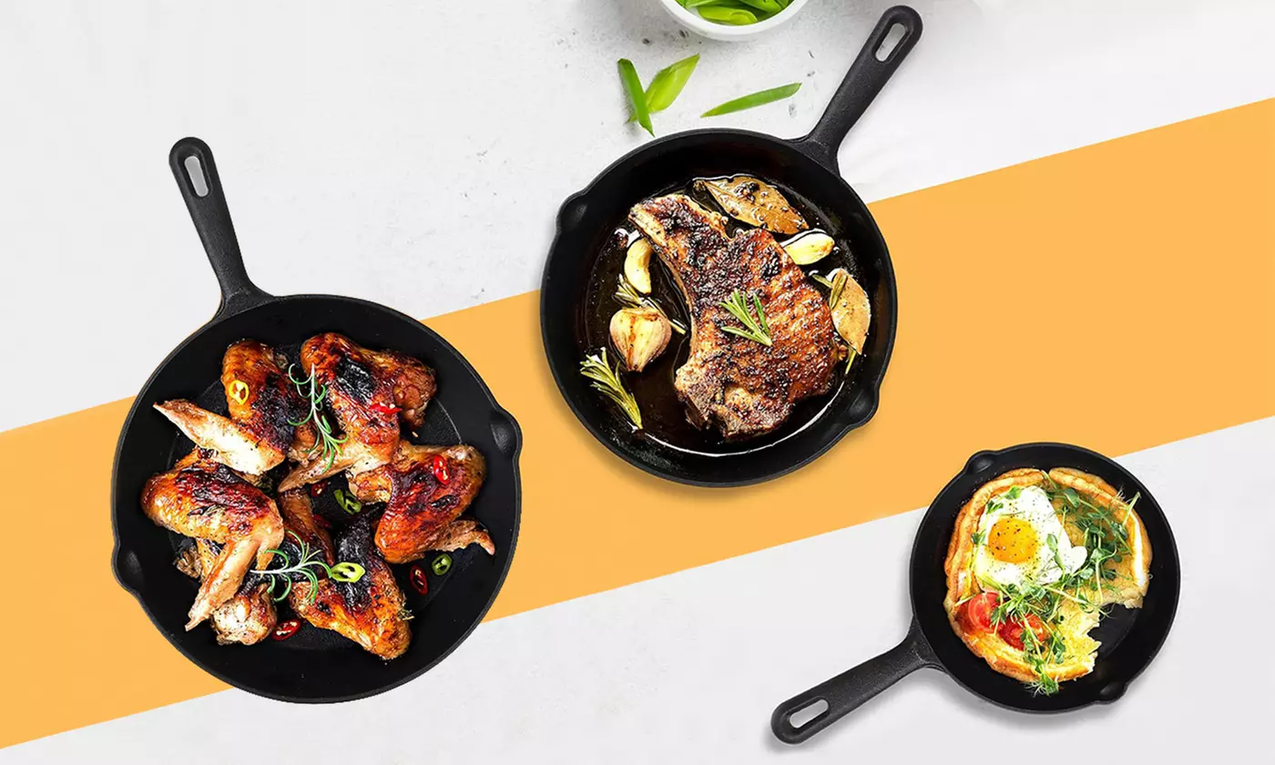 NewHome 3-Piece Pre-Seasoned Non-Stick Cast Iron Skillet Set (6", 8", 10")