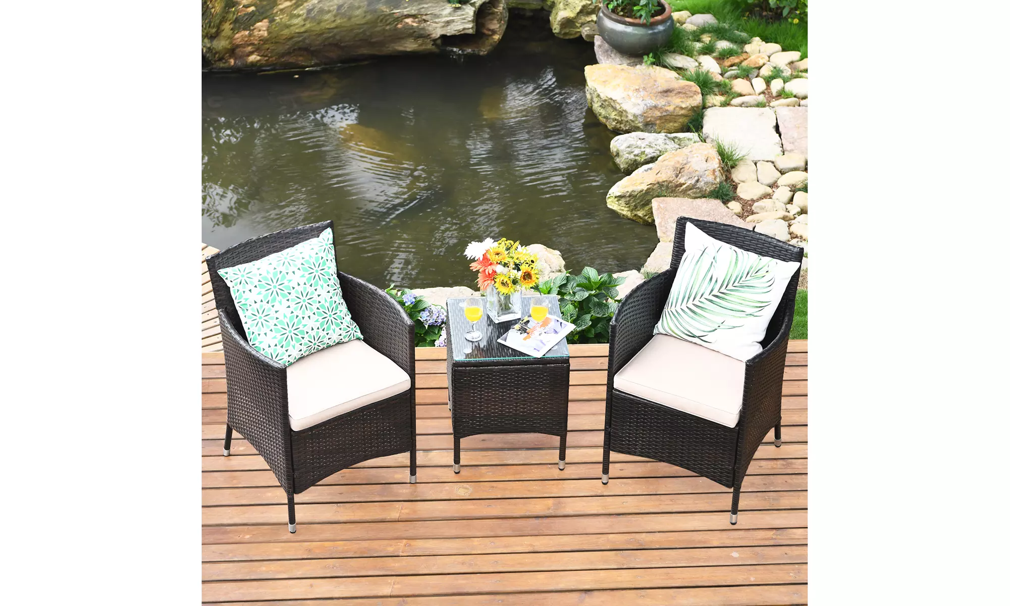 Costway Outdoor 3 PCS PE Rattan Wicker Furniture Sets Chairs Coffee Table Garden