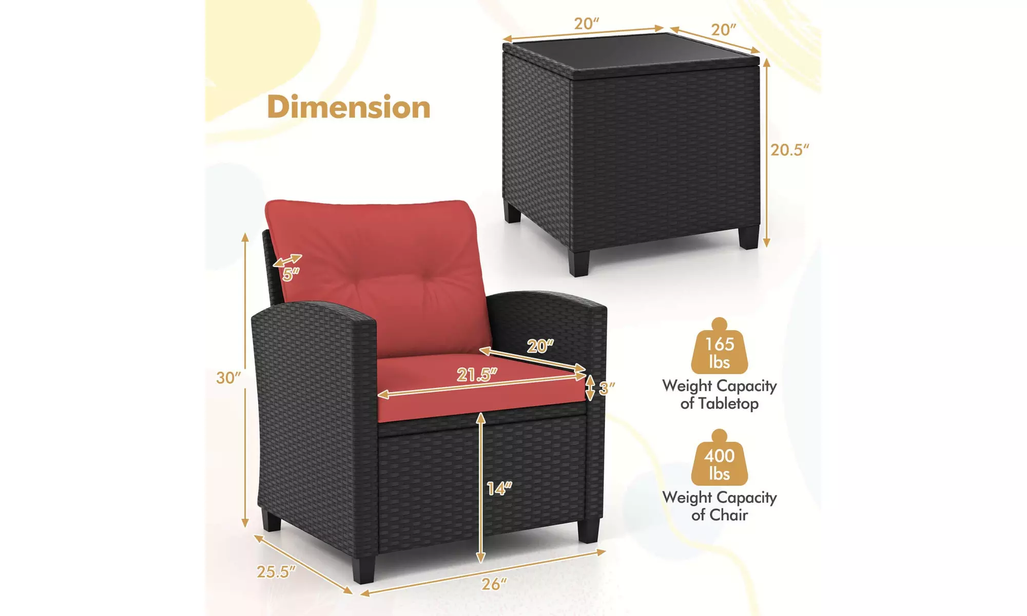  Three-Piece Costway Patio Furniture Set with Tempered Glass Coffee Table