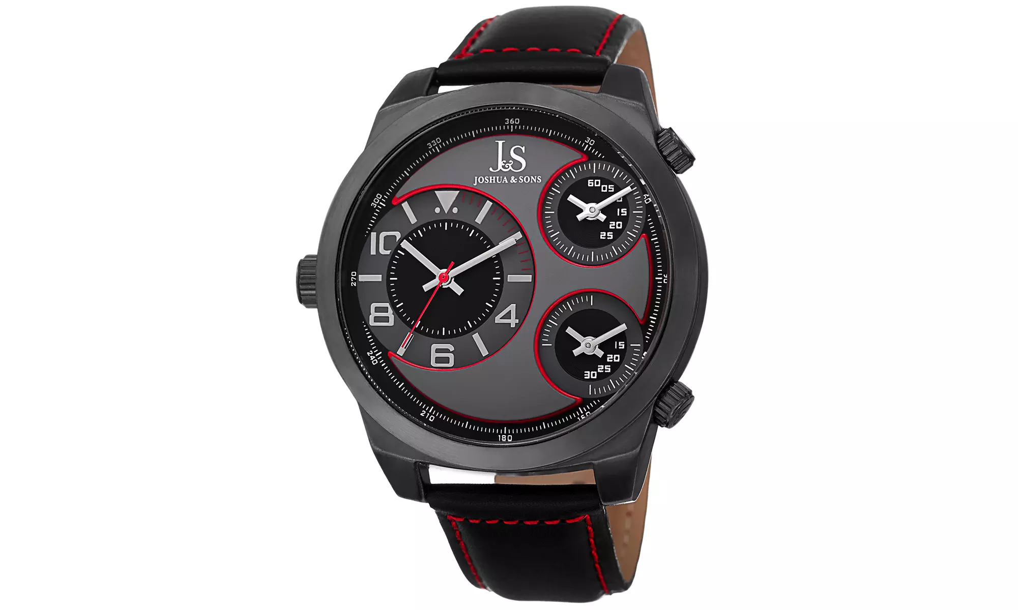 Joshua & Son's Men's Quartz Duel Time Genuine Leather Strap Watches