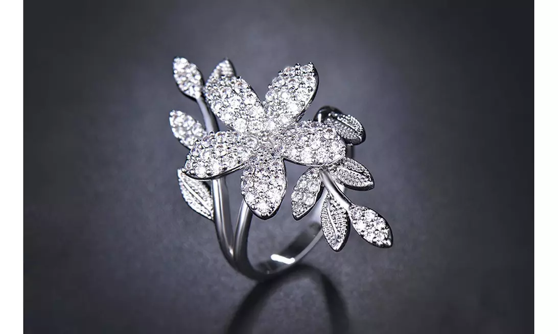 18K White Gold Crystal Floral Ring Made With Crystals From Swarovski