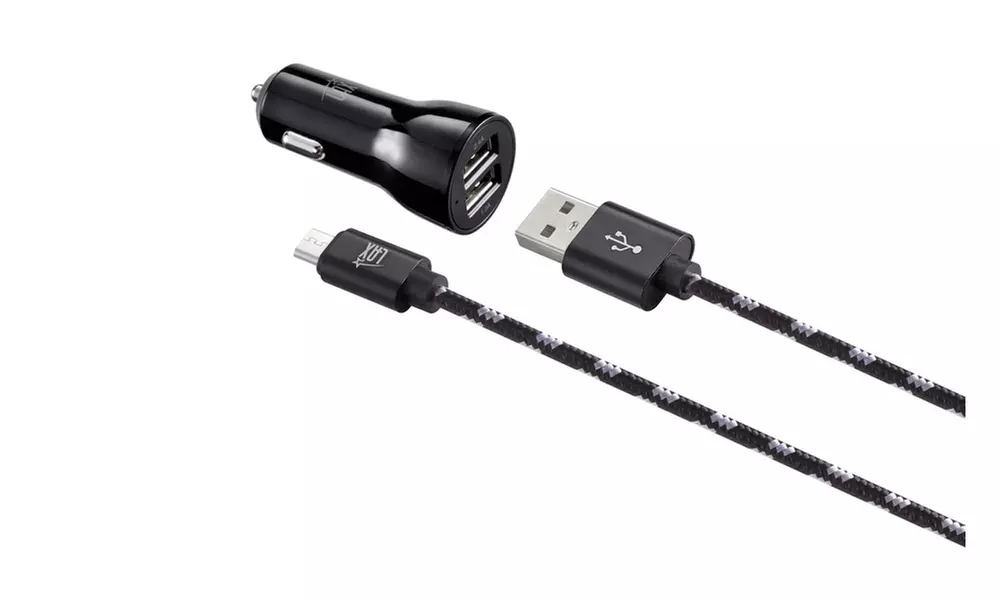 LAX Dual USB Fast Car Charger with Braided Cable (6ft) for iPhone & Android - Primary Image