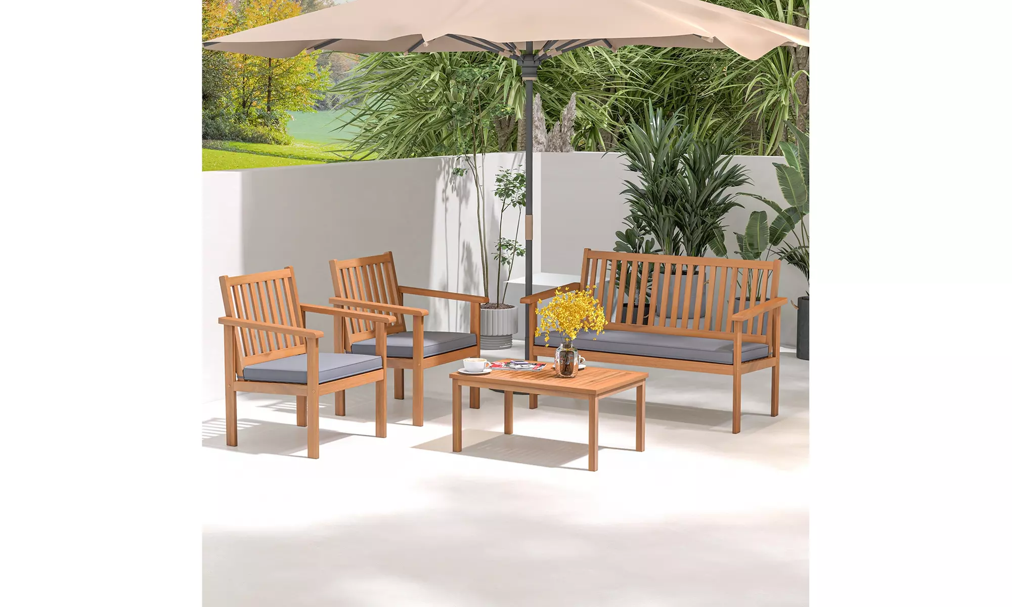 Costway 4 PCS Patio Wood Furniture Set with Loveseat, 2 Chairs & Coffee Table