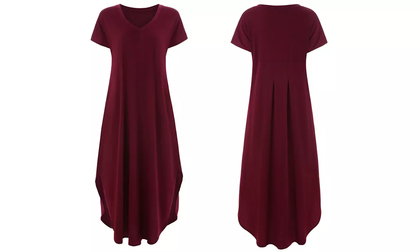Women's Casual V-Neck Short Sleeve Side Slit Maxi Dress with Pockets