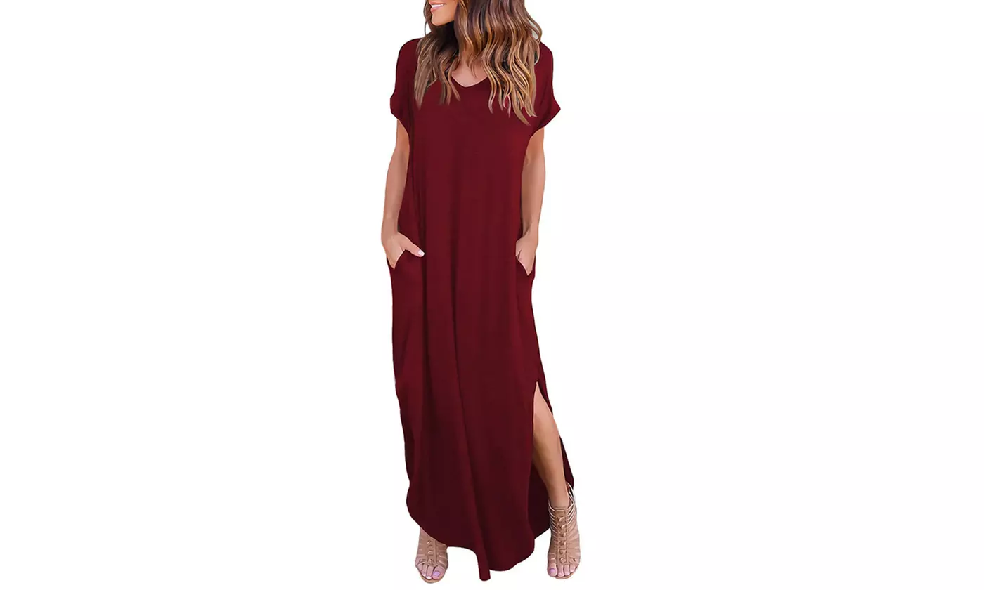 Women's Casual V-Neck Short Sleeve Side Slit Maxi Dress with Pockets