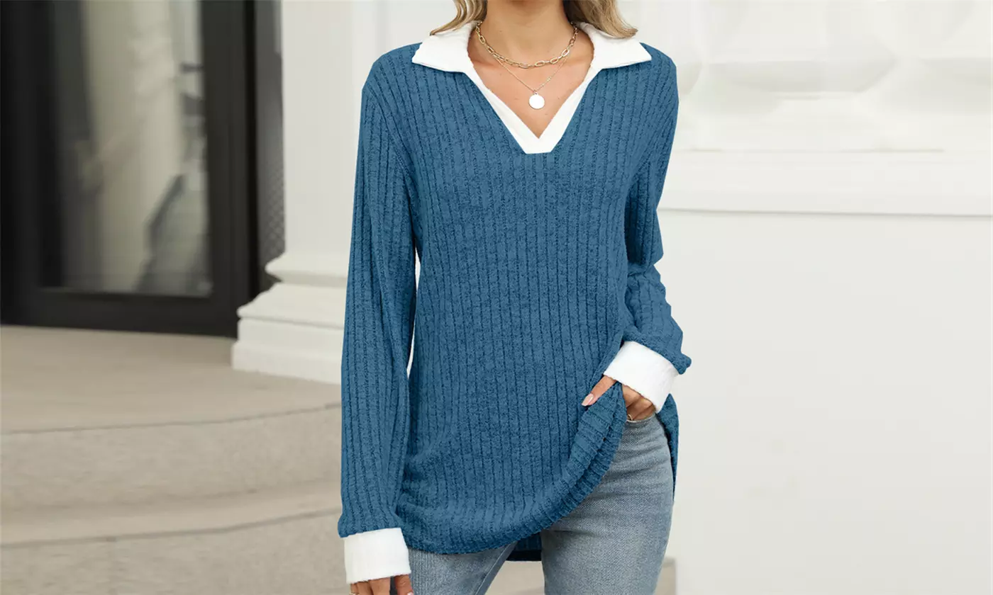 Women's Long Sleeve Lapel Blouse V-Neck Ribbed Knit Tunic Top