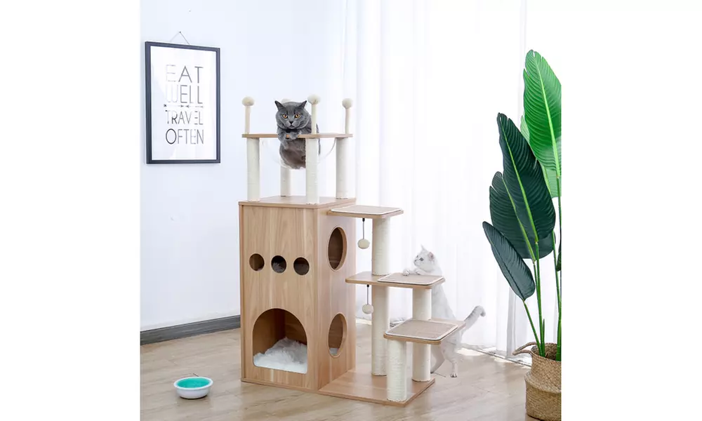Wooden Cat Tree Multi-Level Cat Tower With Fully Sisal Covering Scratching - Primary Image