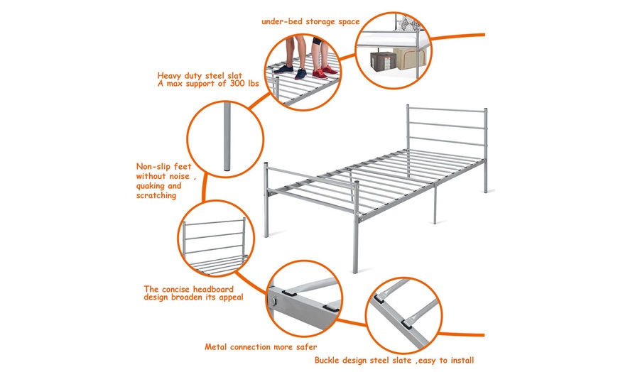 Image 14: Black Twin Size Metal Bed Frame Platform 6 Legs Headboards Furniture