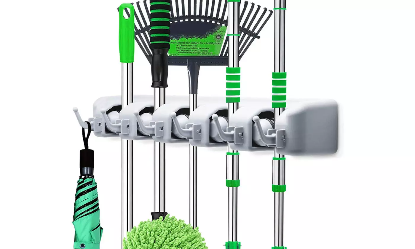 iMounTEK Wall Mount Mop Broom Holder with 5 Slots and 6 Utility Hooks
