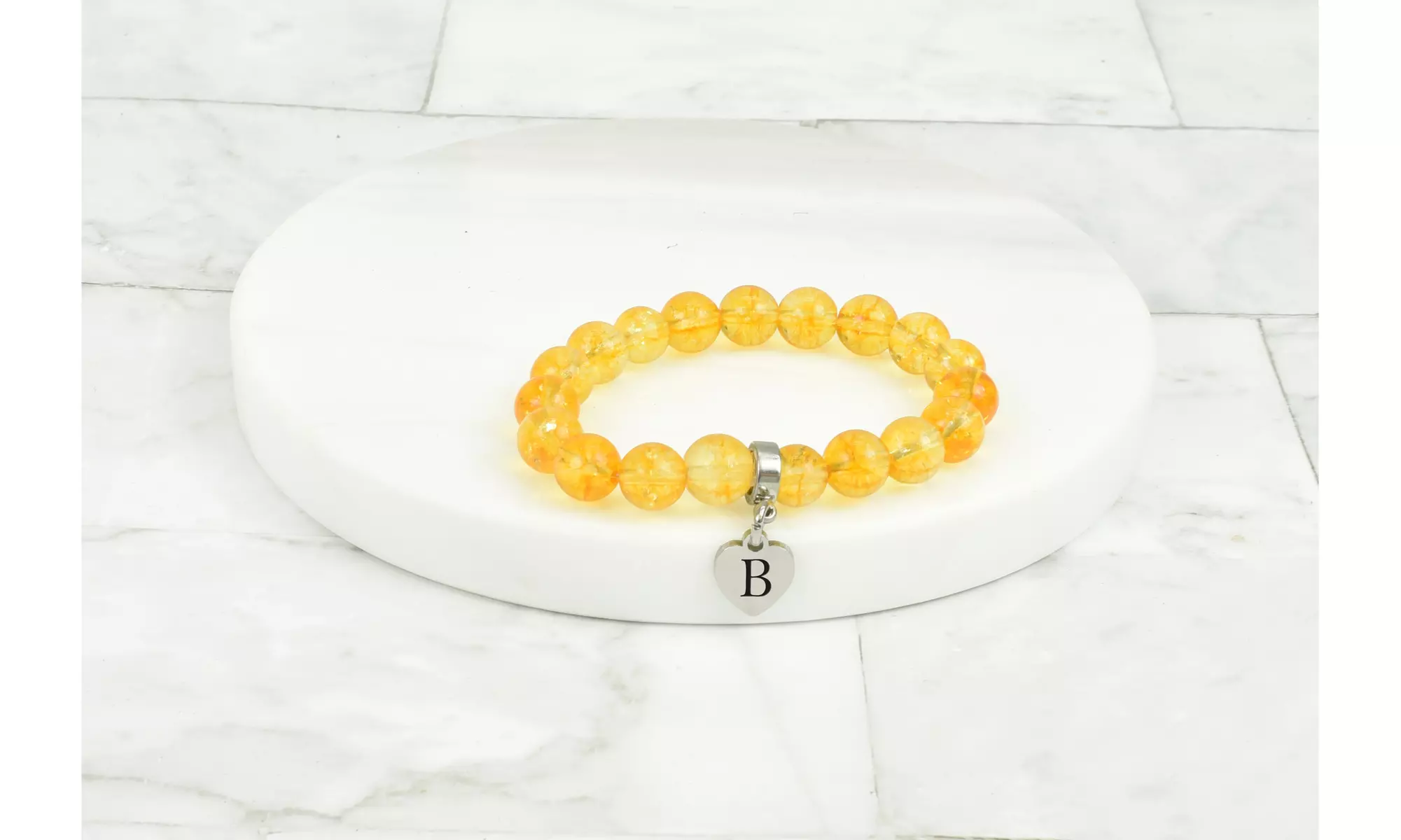 Kid's Natural Citrine With Tiny Heart Intial Charm Bracelet By Pink Box - Primary Image