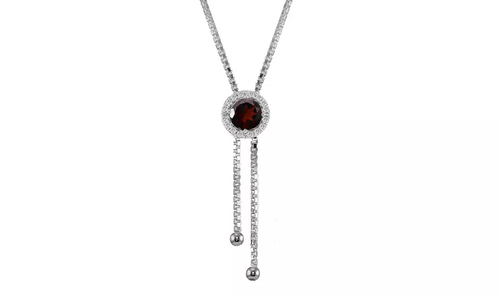 Garnet & White Topaz Round Halo Drop Adjustable Lariat Necklace in 925 Silver - Primary Image