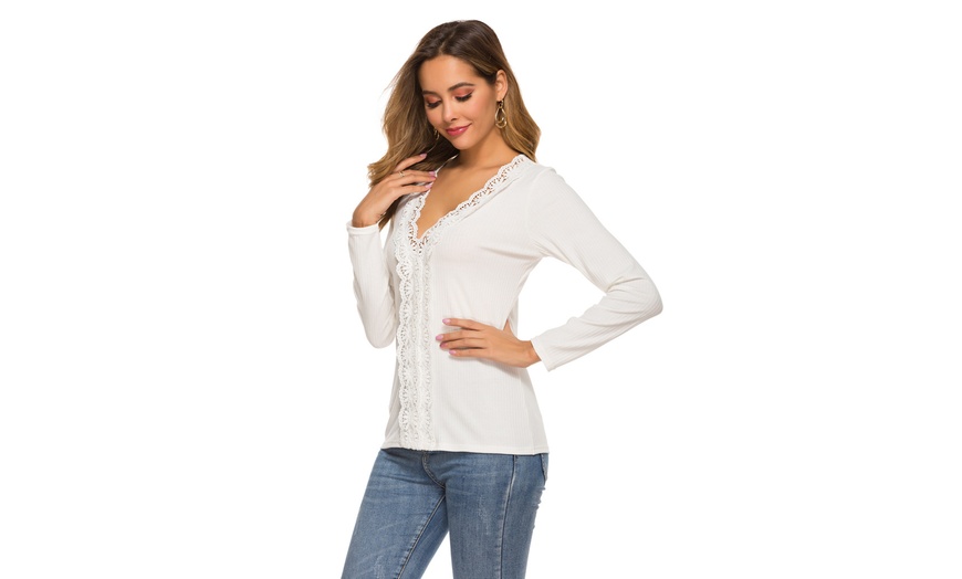 Image 2: 2020 Women Deep V Neck Henley Shirts Knit Long Sleeve Sweater Top Blouse Tee