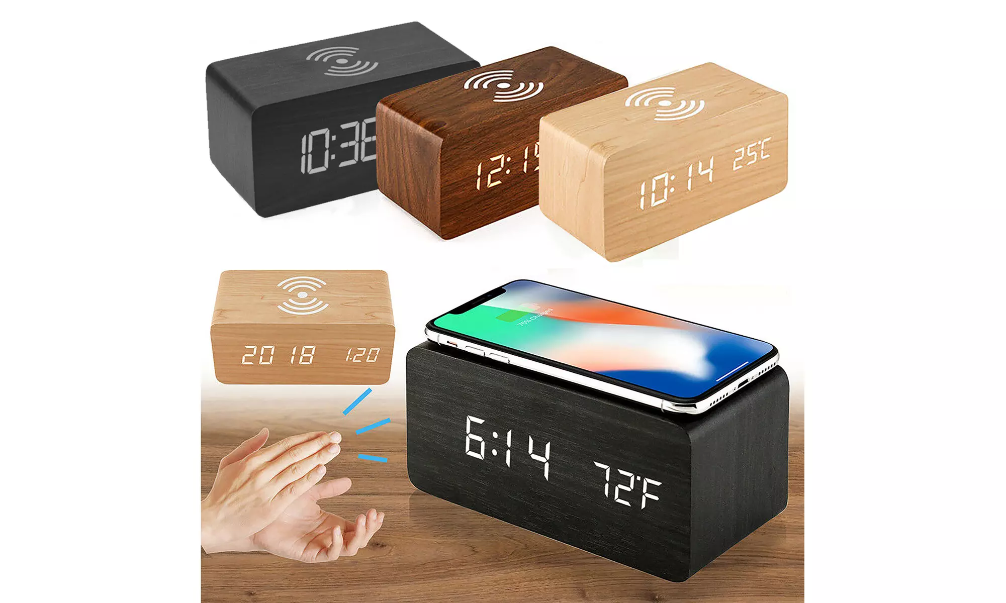 Zummy Wood Digital LED Alarm Clock with Thermometer with Wireless Charger - Primary Image