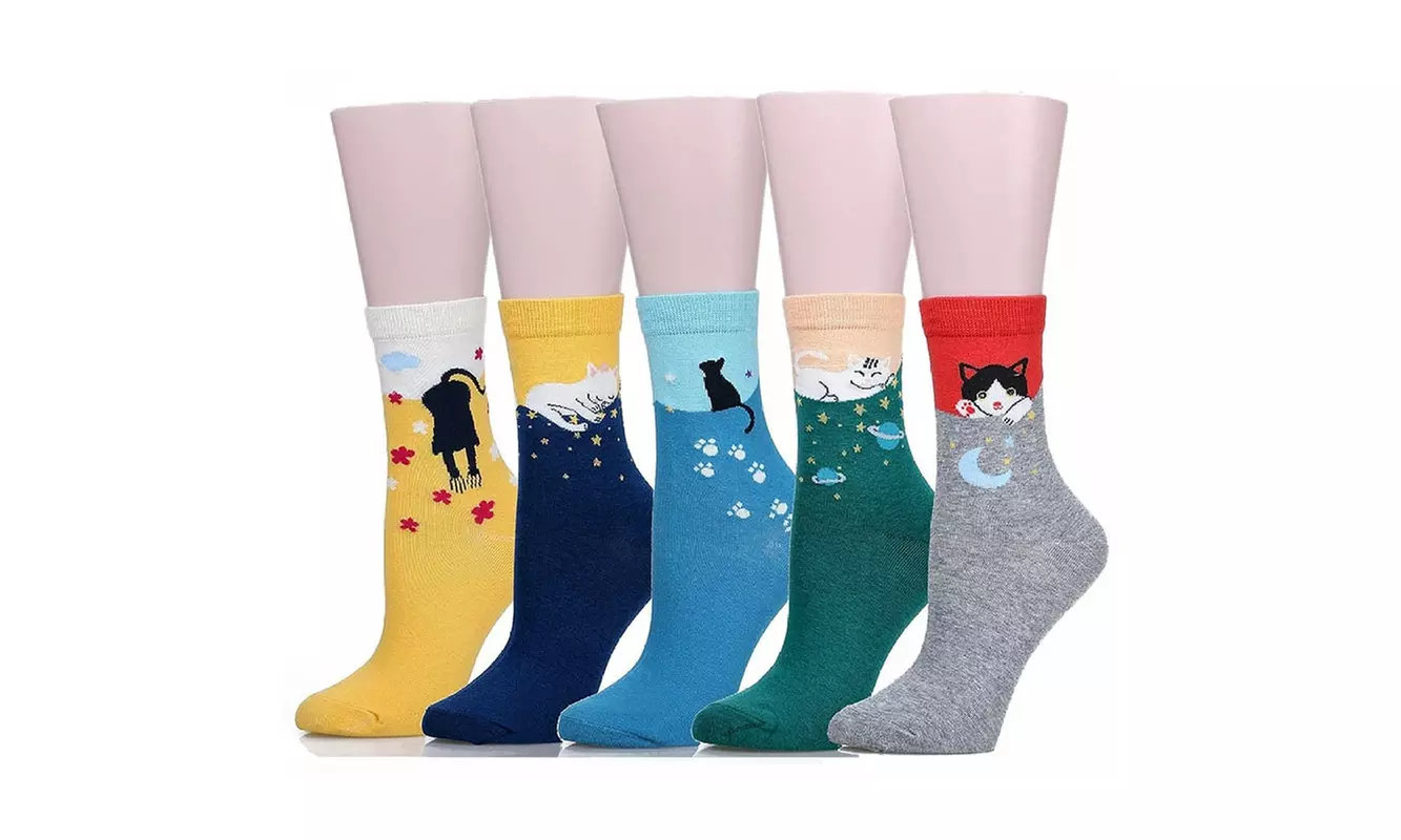 5 Pairs Cute Cat Design Casual Comfortable Cotton Crew Socks For Women - Primary Image