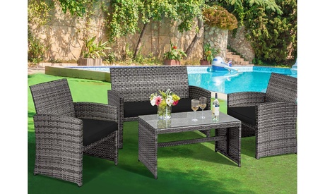 4-Piece Plastic Wicker Patio Conversation Set with Black Cushions