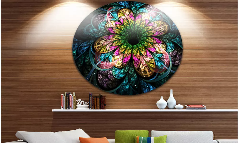 Fractal Flower Dark Colorful Digital Art' Floral Metal Circle Wall Art - Primary Image