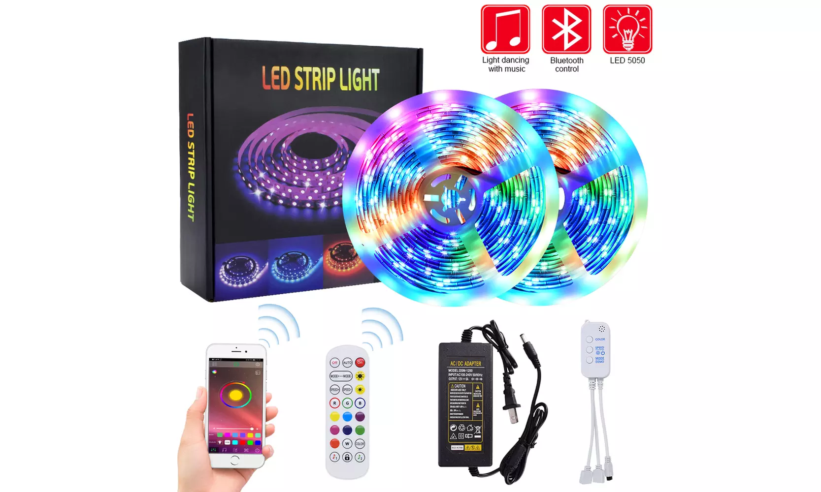5M/10M RGB 5050 Smart LED Strip Light SMD Bluetooth Music Remote Control - Primary Image
