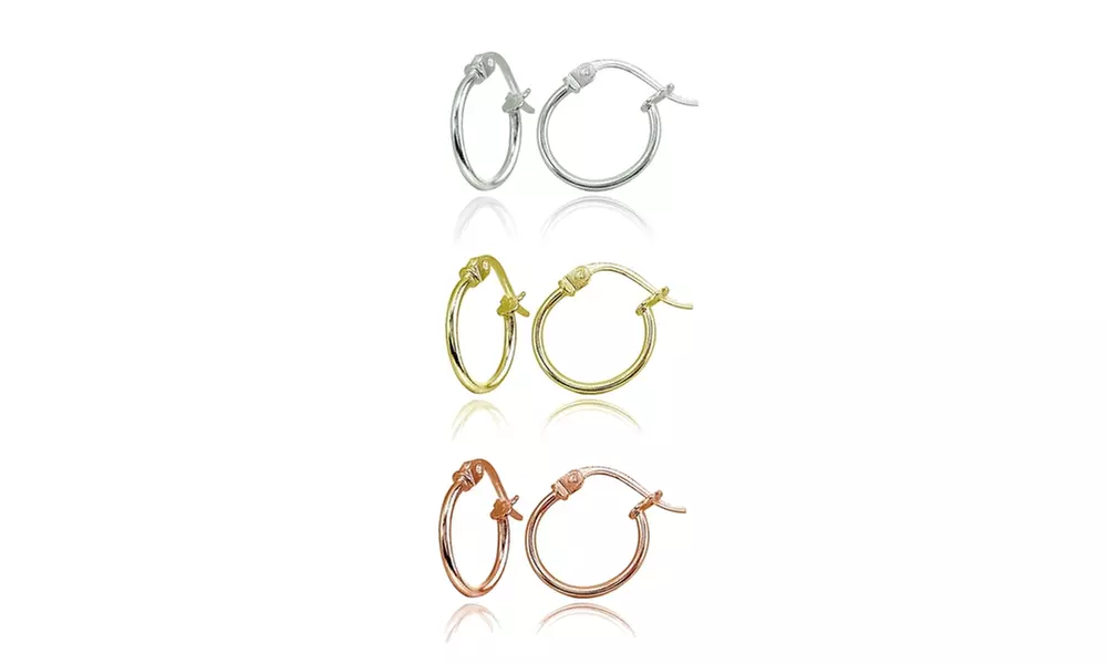 3 Pr Set Silver, Yellow & Rose Gold Flash Small 12mm Round Unisex Hoop Earrings