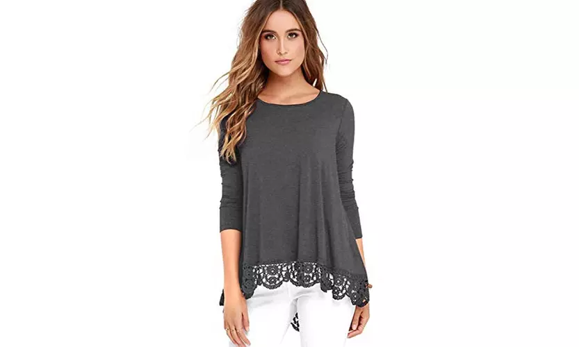 Women's Tops Long Sleeve Lace Trim O-Neck A-Line Tunic Tops - Primary Image