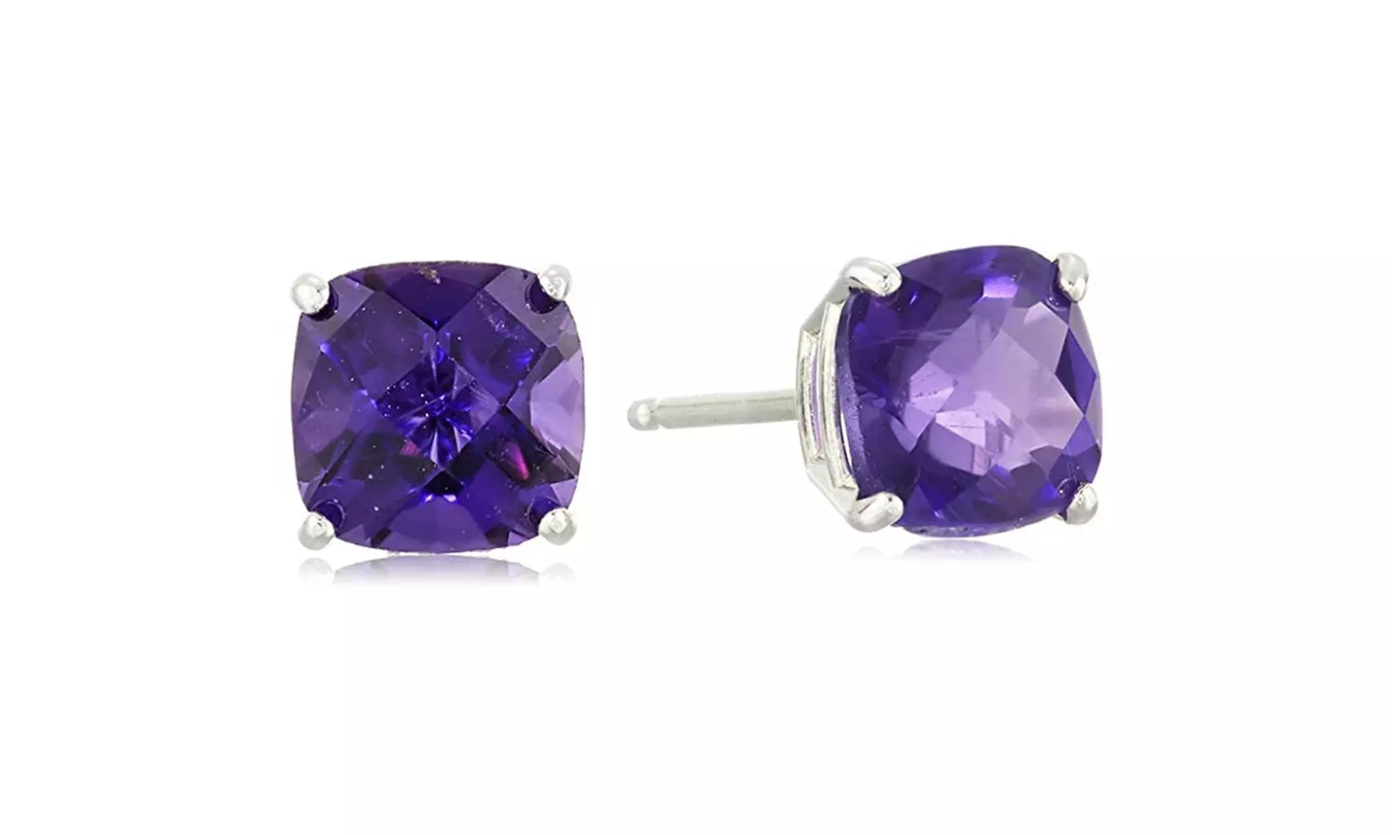 Paris Jewelry White Gold Plated 6mm Cushion Created Amethyst Stud Earrings - Primary Image
