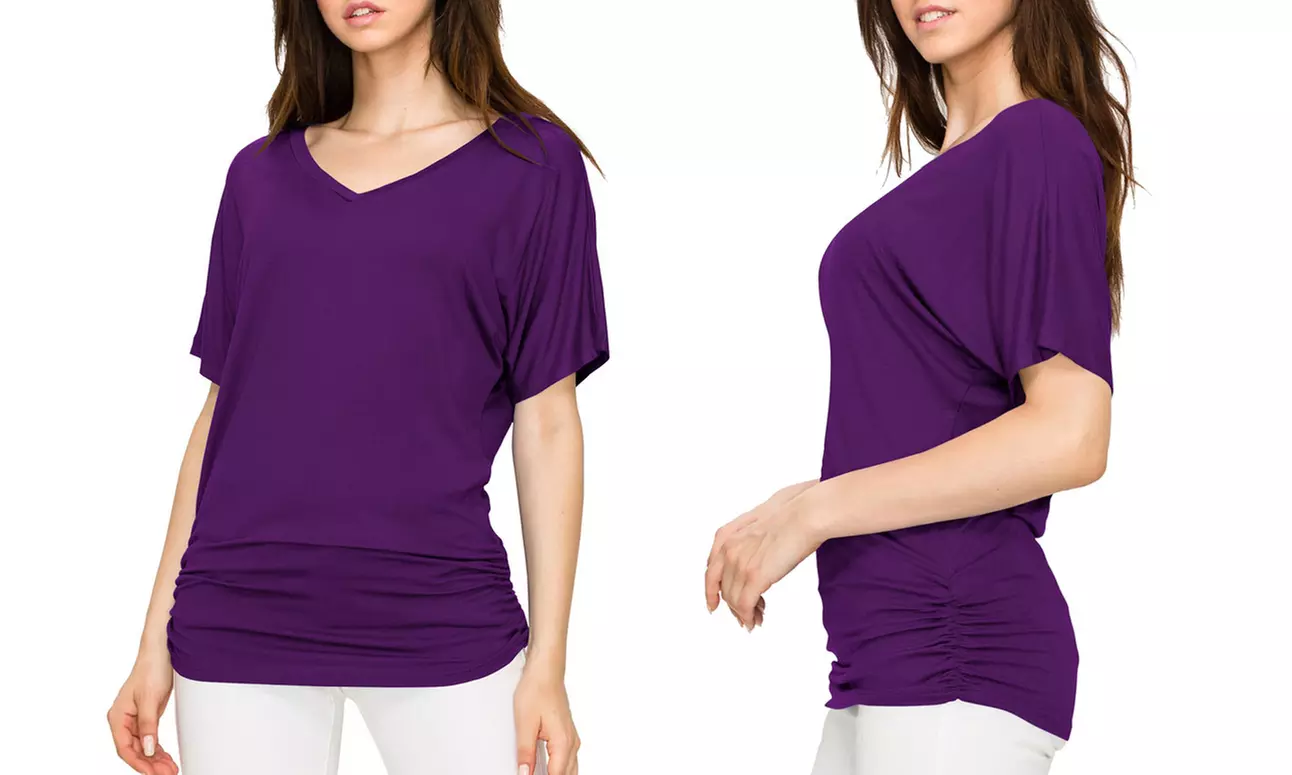 Made by Johnny Womens Solid Short Sleeve V-Neck Dolman Top with Side Shirring
