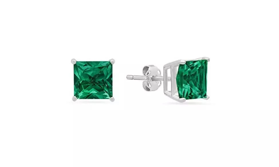 14k White Gold Plated Princess Created Emerald Stud Earrings - Primary Image