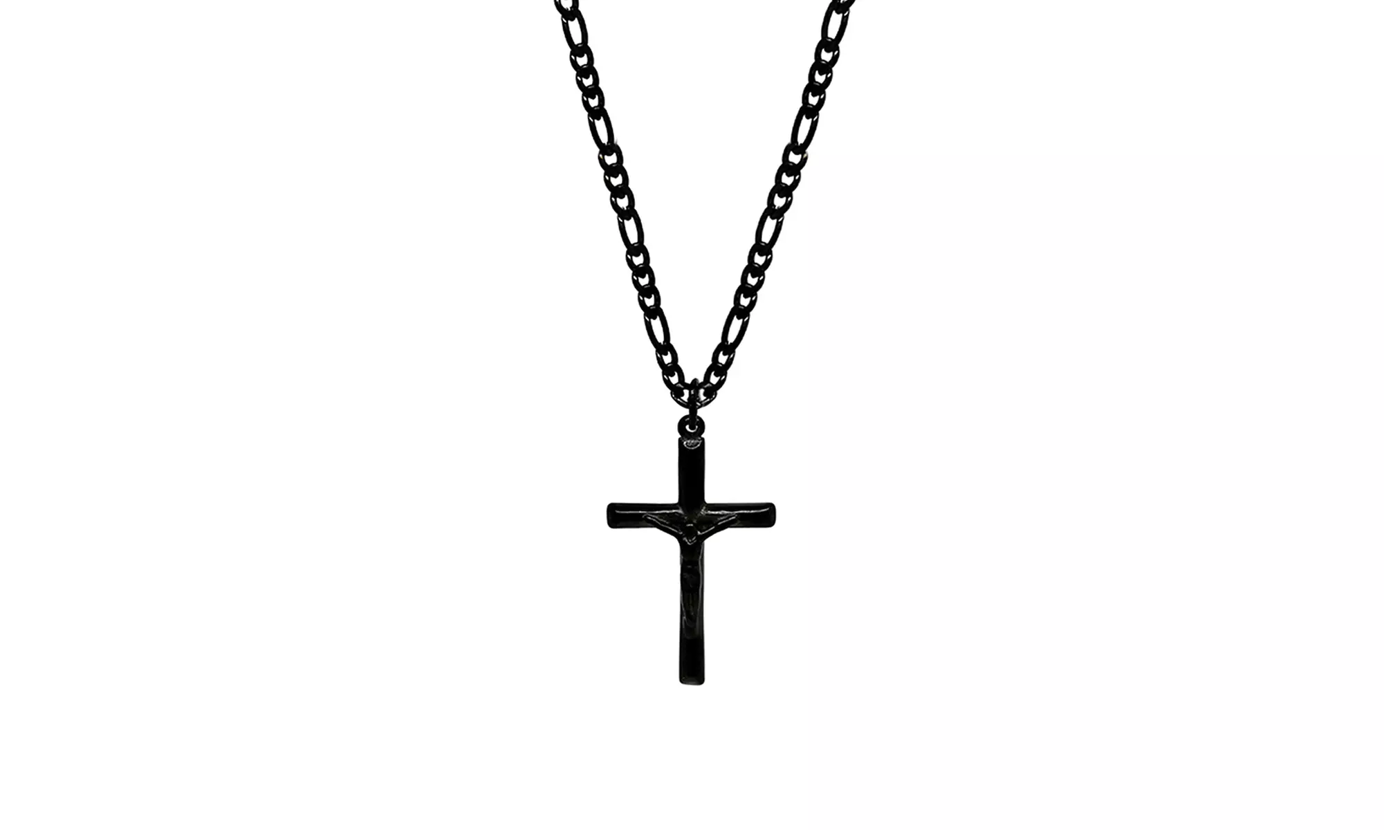 Fathers Day Special Men's Stainless Steel Crucifix Cross W/ 24 Inch Figaro Chain - Second Medium