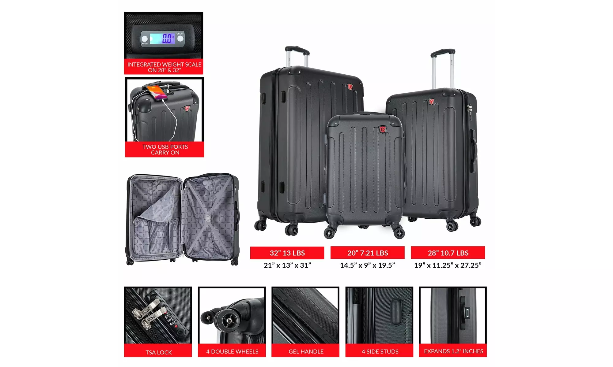 Three-Piece DUKAP Intely Smart Hardside Luggage Set 20"/28"/32"