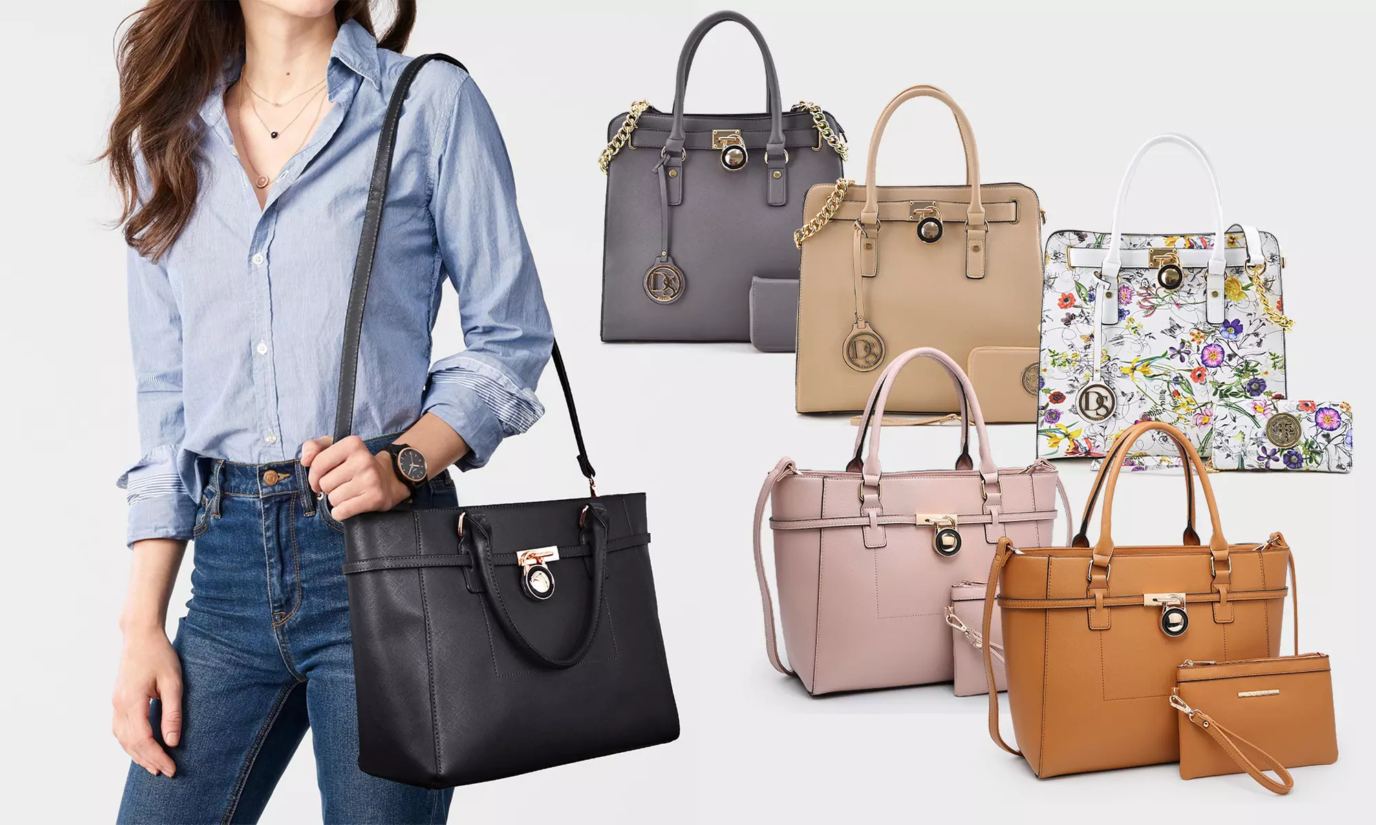 DS COLLECTION Emma Vegan Leather Satchel with Padlock deco Matching Wristlet - Primary Image