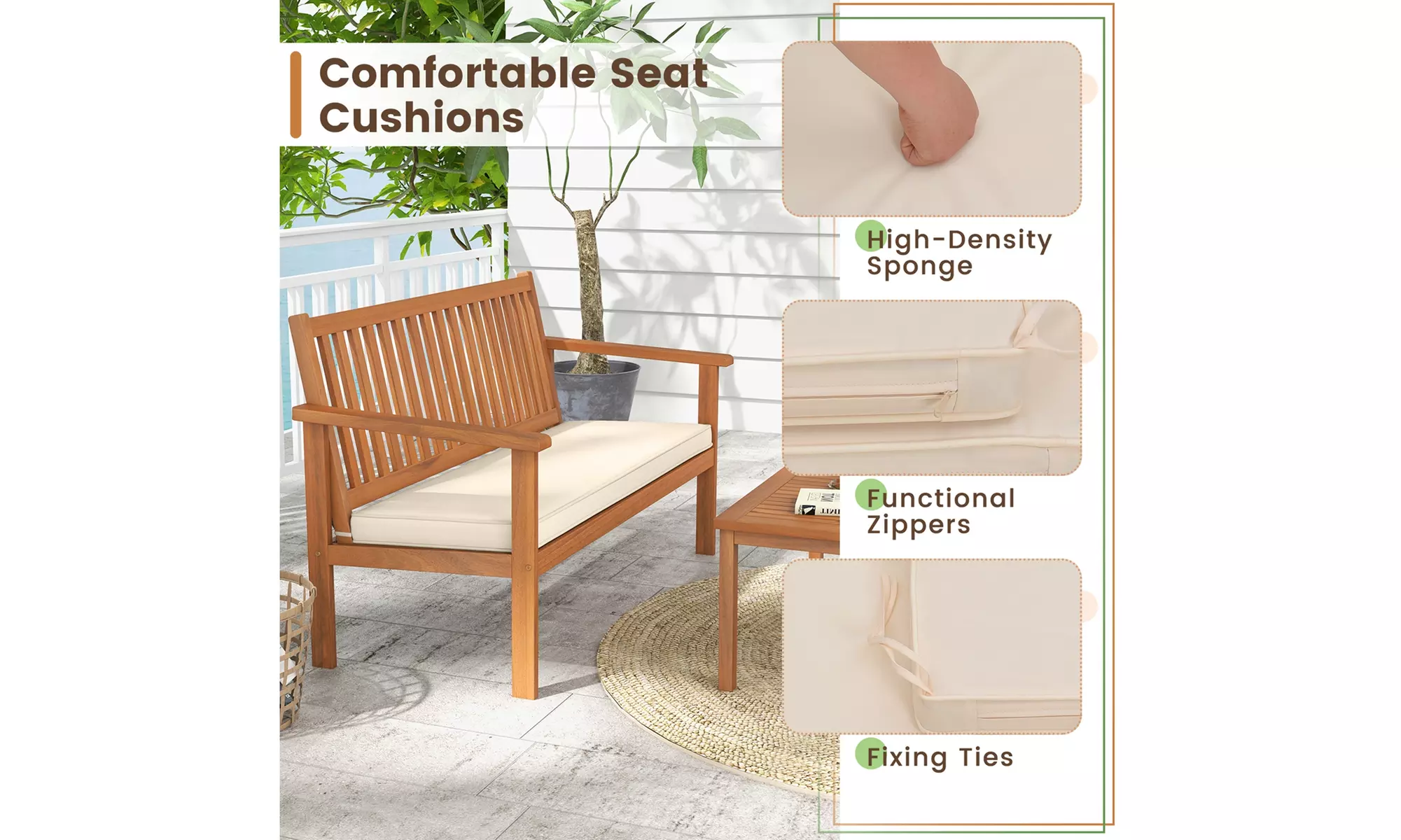 Costway 4 PCS Patio Wood Furniture Set with Loveseat, 2 Chairs & Coffee Table