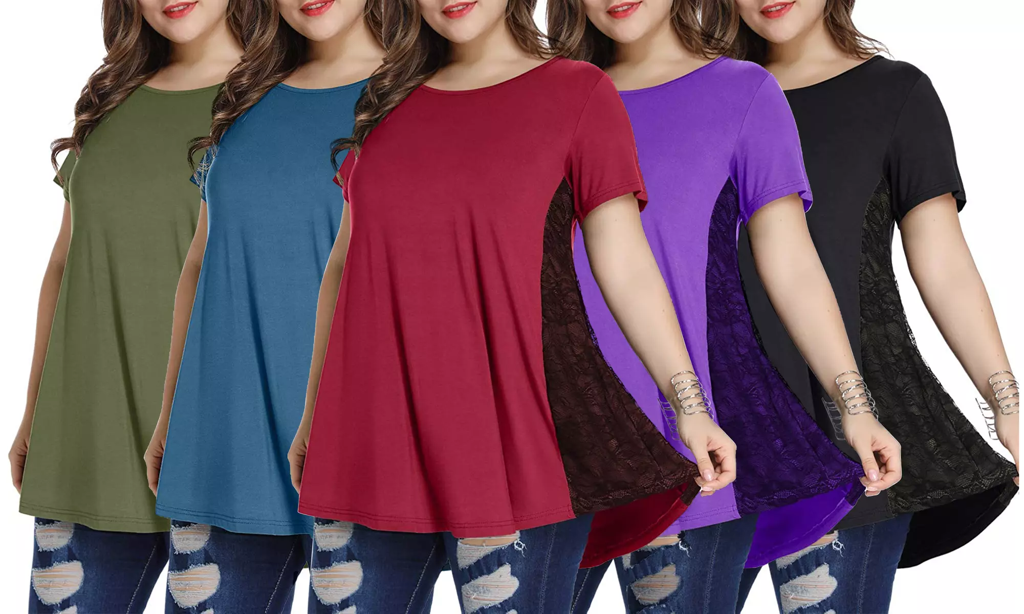 Women's Plus Size Swing Tunic Top Short Sleeve Lace Flare T-Shirt - Primary Image