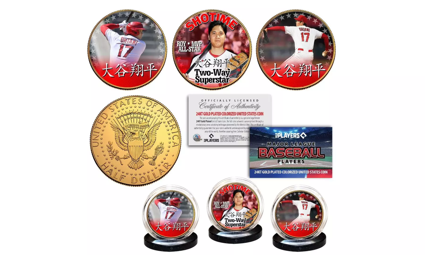 Shohei Ohtani JAPANESE Version Licensed JFK Half Dollar 24K Plated 3-Coin Set - Primary Image