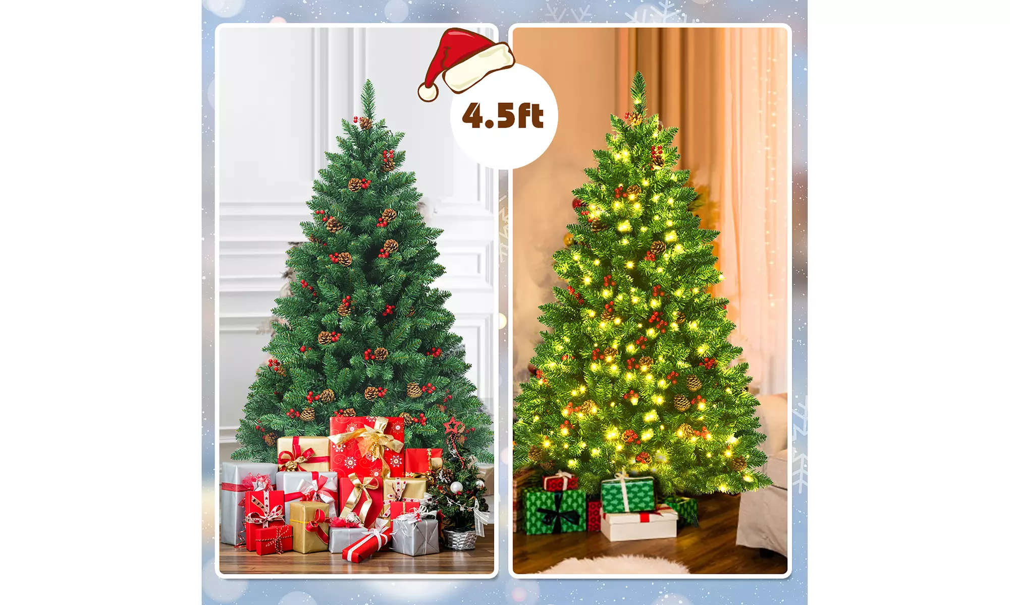 Costway 4.5Ft Pre-lit Hinged Christmas Tree w/ Pine Cones Red Berries