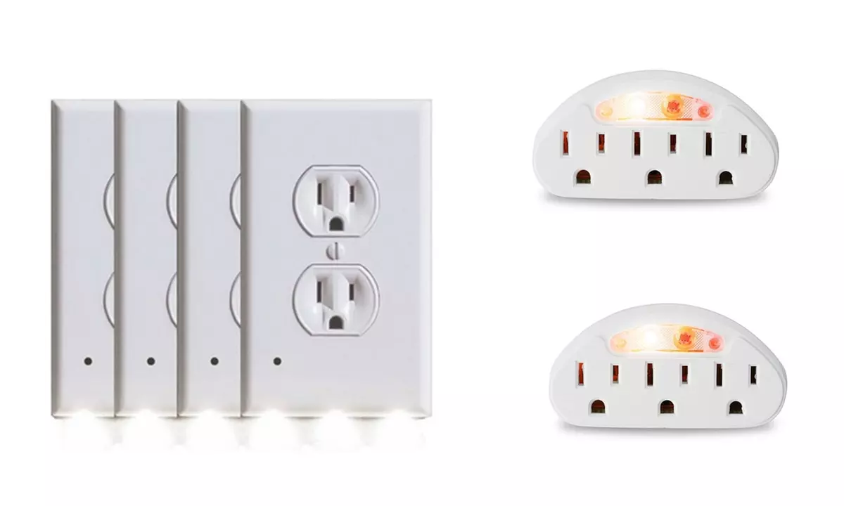 4 Nightlight Outlet Cover & 2 Grounded 3-Outlet Light Sensor Nightlights - Primary Image