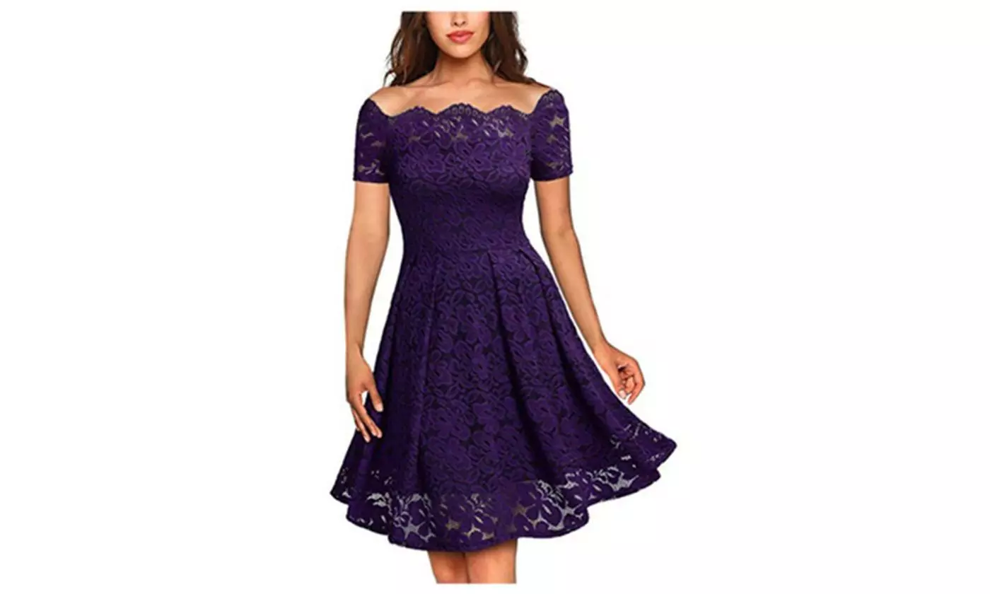 Women's Boat Neck Vintage Floral Lace Cocktail Formal Swing General Dress - Second Medium