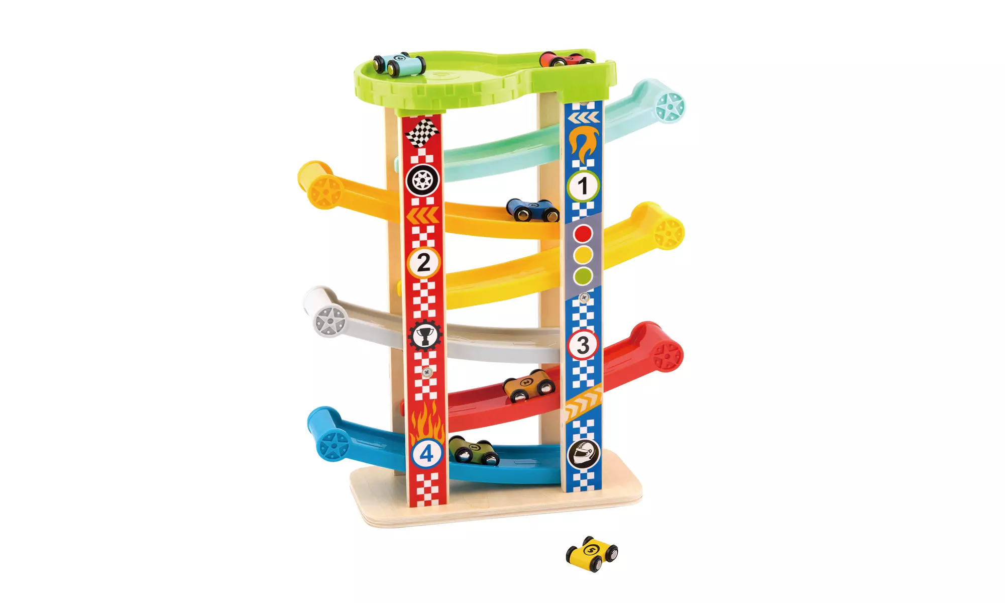 Zummy 3D Wooden Sliding Tower ZigZag Racetrack W/ 6 Car Toys - Primary Image