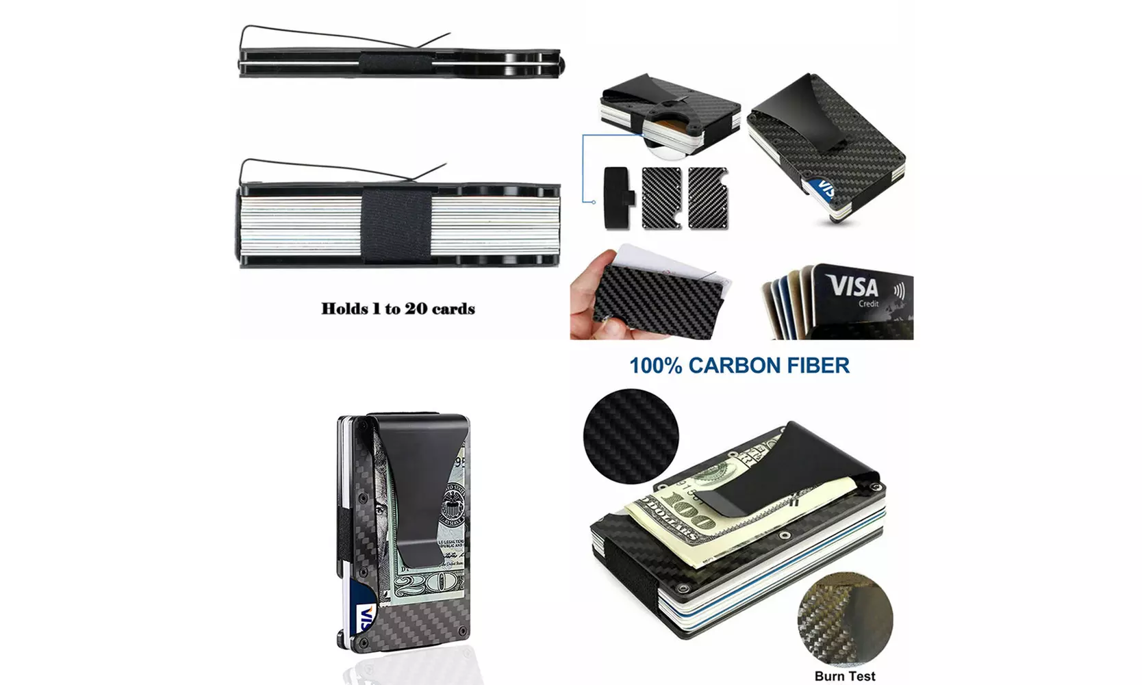 US 1-2 Carbon Fiber Wallet Smart Clip Credit Card Holder Metal Rigid RFID Block - Primary Image