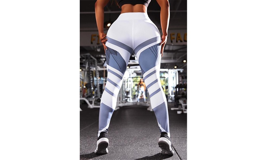 Image 3: Women's High Waisted Printed Color Blocked Leggings Sexy Gym Fitness Yoga Pants