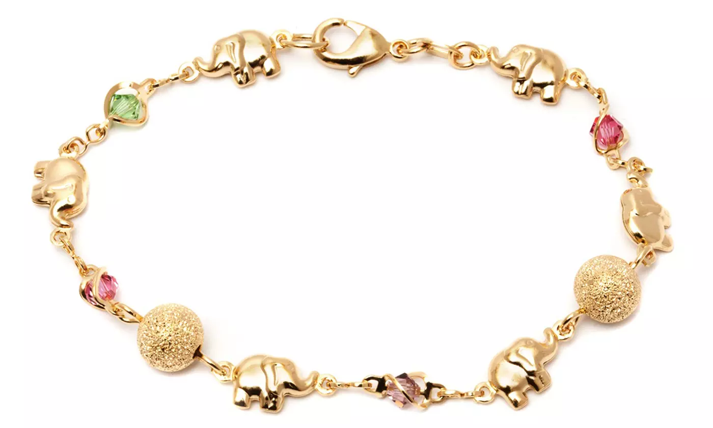18K Gold Plated Elephant and Light Multi Color Crystals Anklet Bracelet - Primary Image