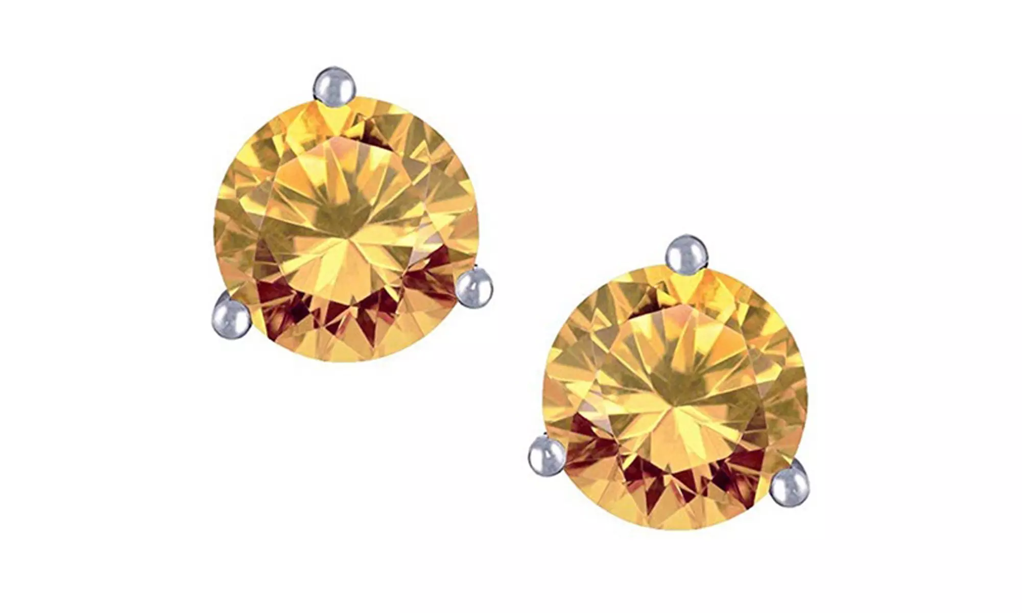 14k White Gold Plated 7mm Round 3 prong Martini Push Back Citrine Stud Earrings