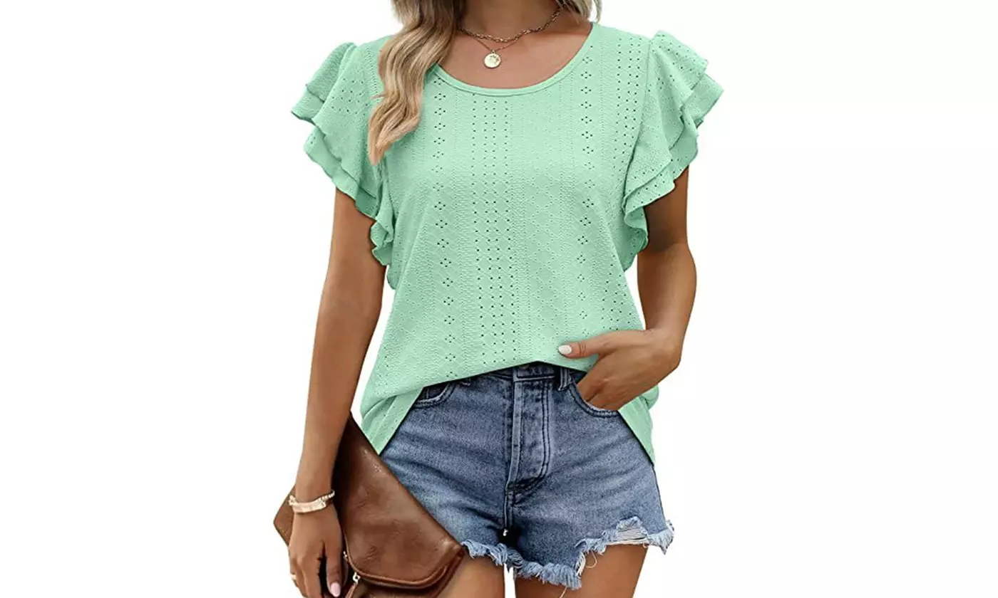 Women Ruffle Short Sleeve Dressy Tunic Tops Casual Loose Crew Neck Tees Shirts