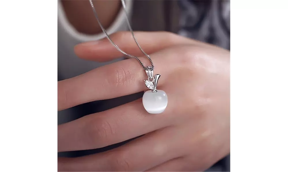 18K White Gold Plated Created Opal Apple Pink Apple Pendant Necklace - Image 7