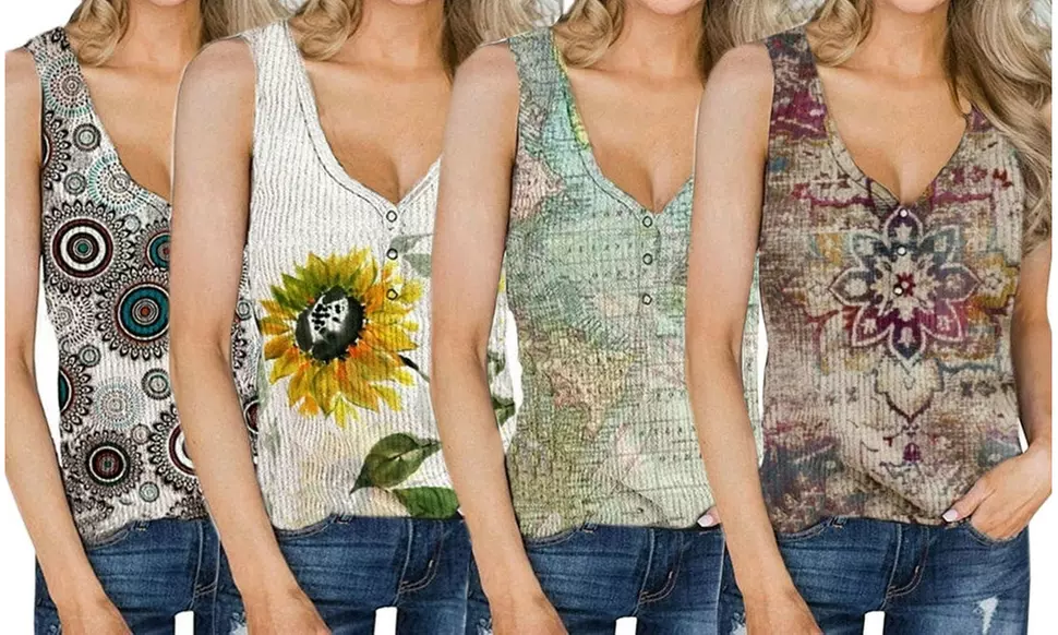 Womens V Neck Tank Tops Summer Sleeveless Henley Printed Shirts Button Up - Primary Image