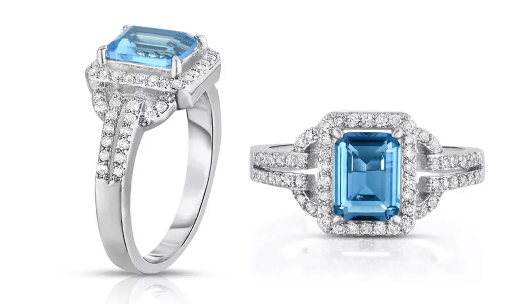3.00 CTTW Blue Emerald Cut Cubic Zirconia Halo Ring