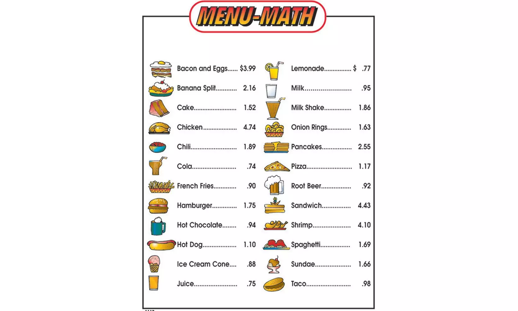 Remedia Publications Rem111B Menu Math For Beginners Extra Price Lists 6 - Primary Image