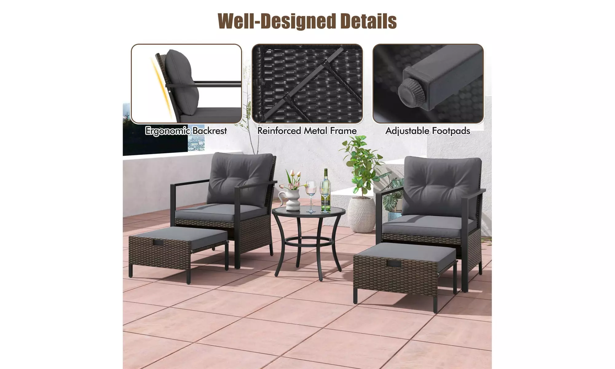 Costway 5 PCS Outdoor Furniture Set Rattan Chairs & Ottomans with Coffee Table