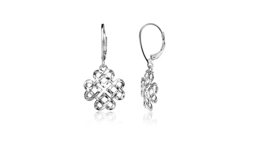 Sterling Silver Diamond-cut Irish Celtic Heart Love Knot Leverback Earrings - Primary Image