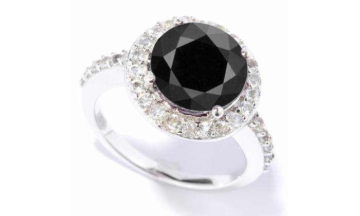 Sterling Silver with Natural Black Diamond and White Topaz Halo Ring ...